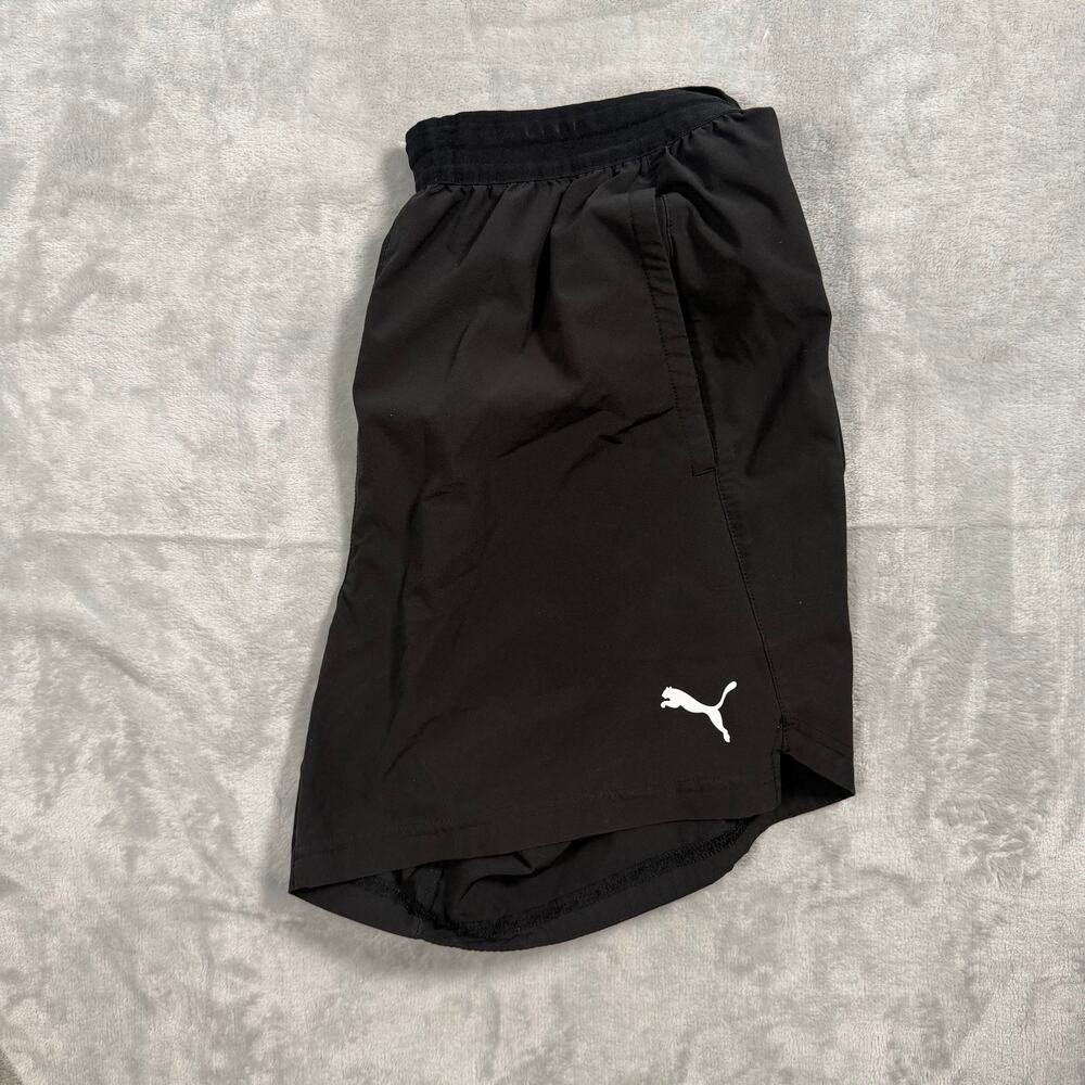 Puma Men’s Medium Black Running Shorts Athletic Workout Drawstring Logo